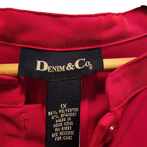 Denim & Co. Button Down Shirt Jacket Womens Size 1X Red 3/4 Casual Sleeve Slit - Picture 3 of 7